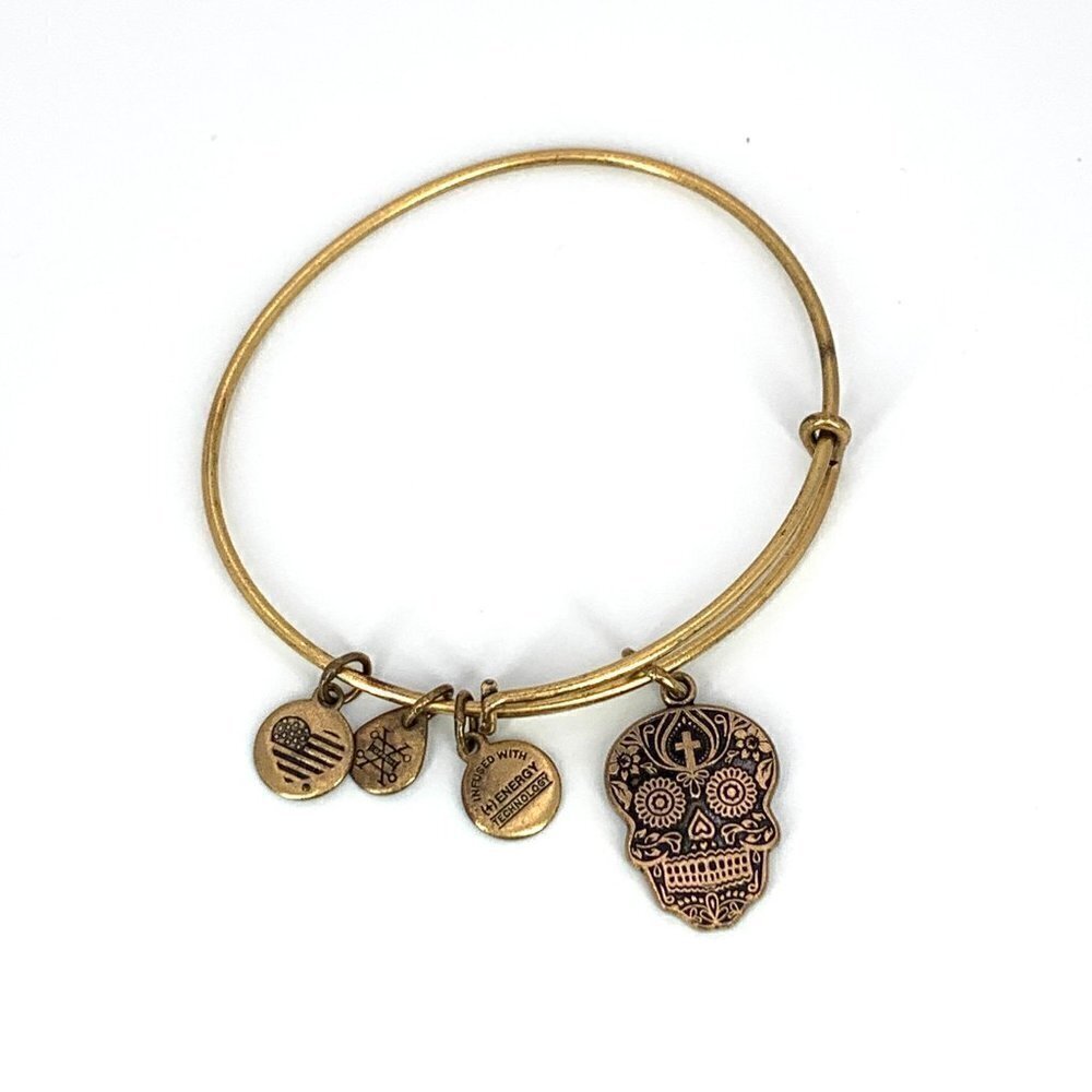 Alex and Ani Day of The Dead Calavera Bangle Gold Finish Expands 2"-3.5"